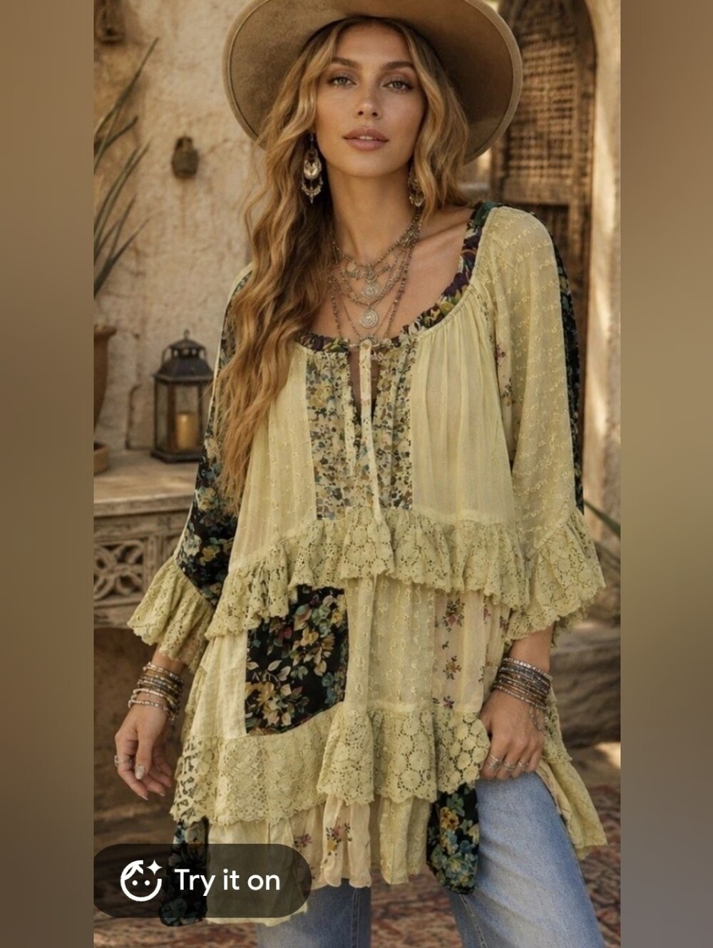 Boho 3 Tier Lace Patchwork Peasant Top - Light Olive Floral